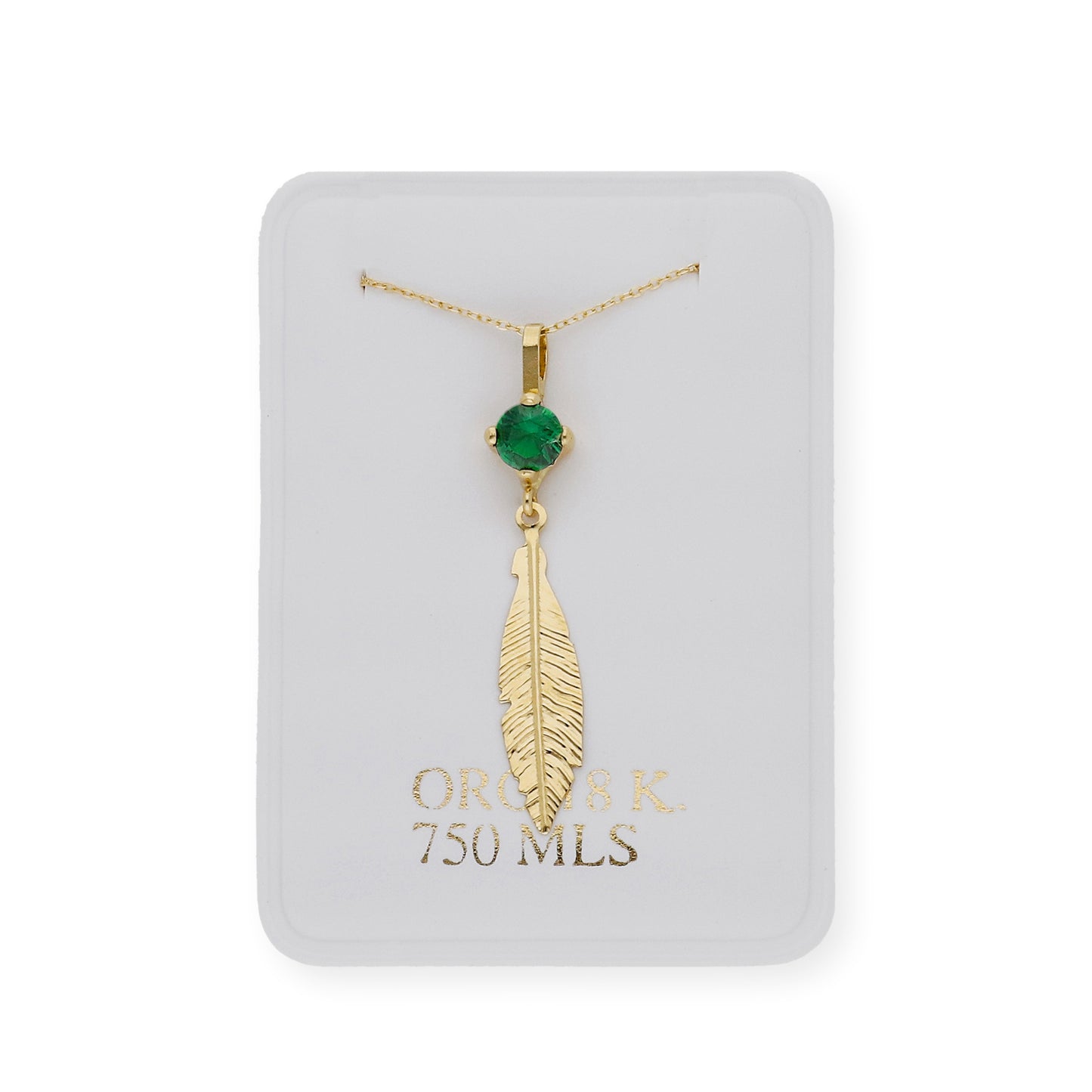 Collar con colgante pluma y Esmeralda sintética oro 18k