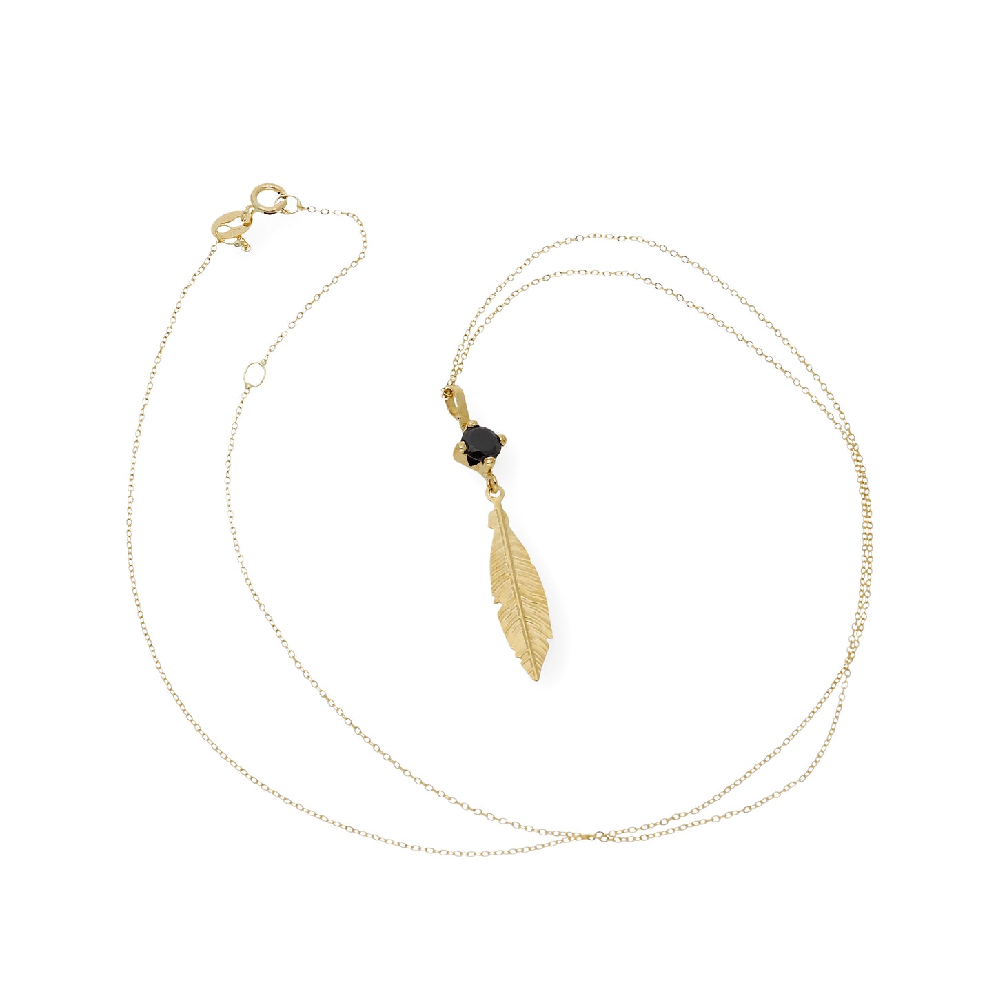 Collar con colgante pluma y Zafiro sintético oro 18k