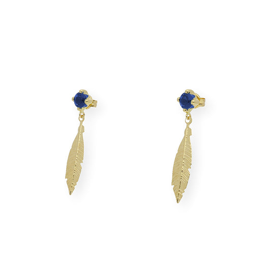 Pendientes Zafiro sintético y pluma Oro 18k
