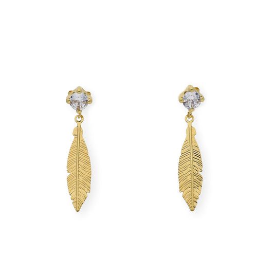 Pendientes Circonita y pluma Oro 18k