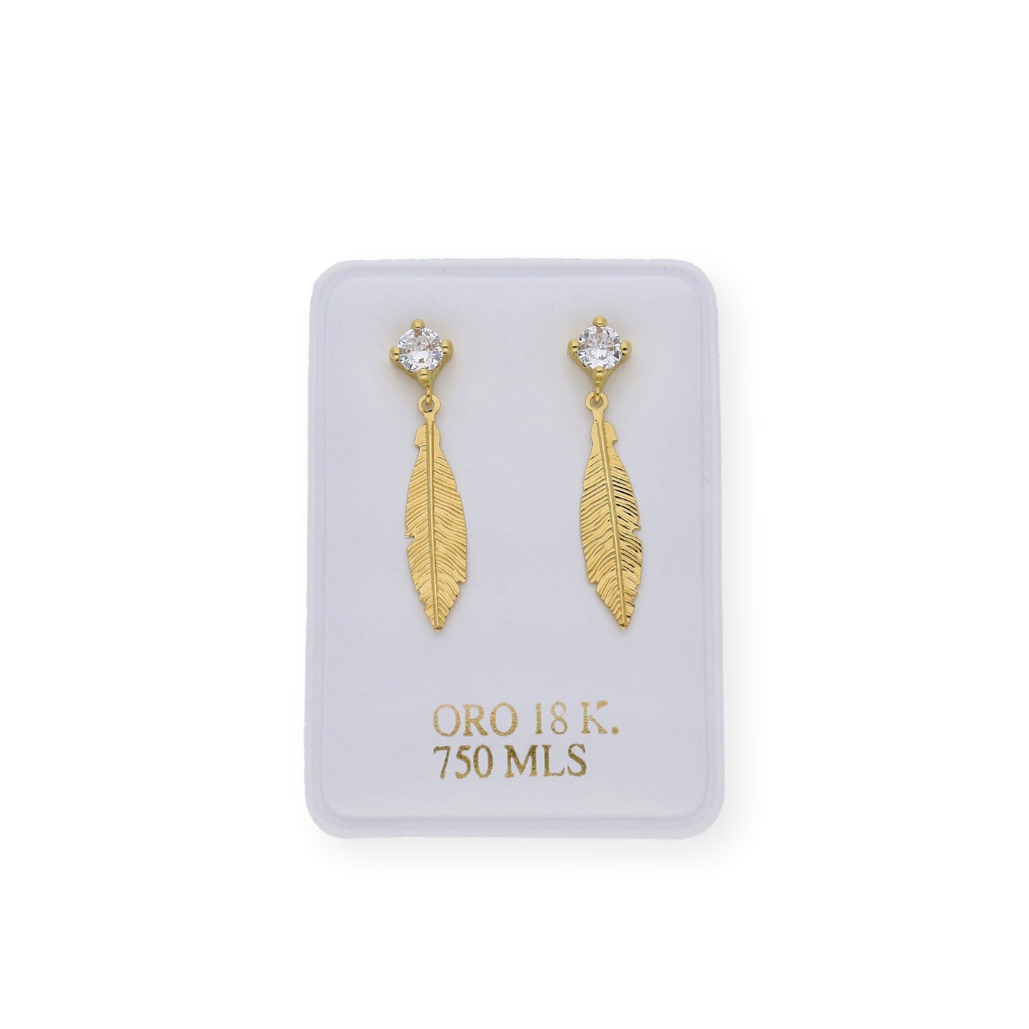 Pendientes Circonita y pluma Oro 18k