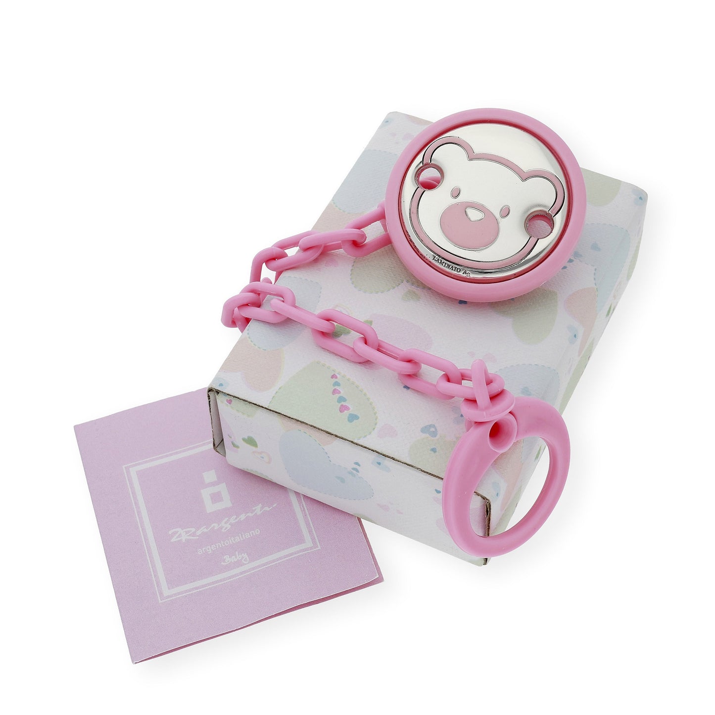 Pinza Chupete bebé Plata bilaminada Oso Rosa