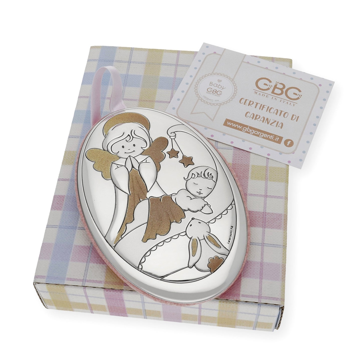 Medalla de Cuna Plata Bilaminada Ángel y Bebé Rosa