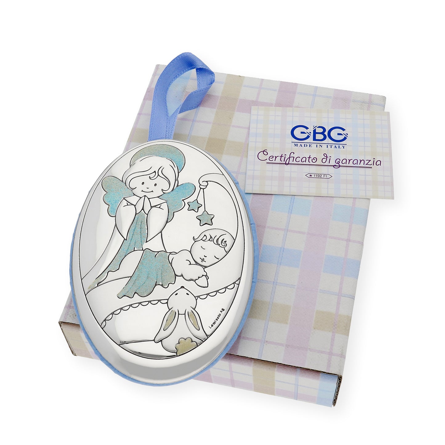 Medalla de Cuna Plata Bilaminada Ángel y Bebé Azul