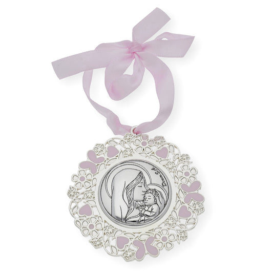 Medalla de Cuna Baño de Plata con esmaltado Rosa Virgen y Niño