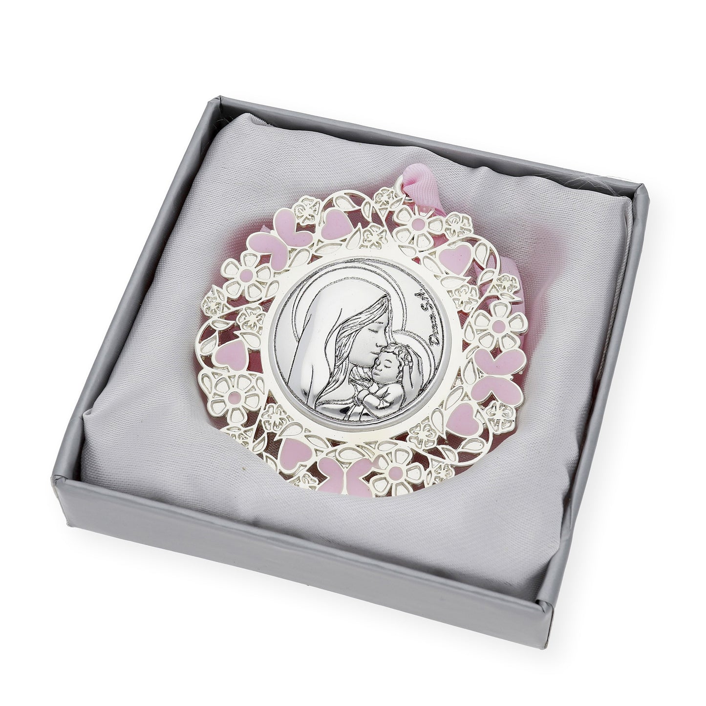 Medalla de Cuna Baño de Plata con esmaltado Rosa Virgen y Niño