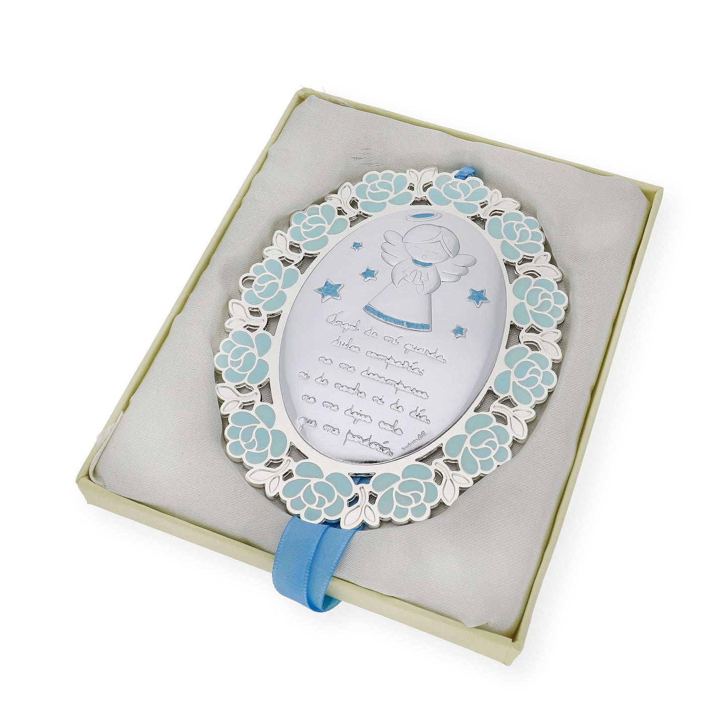Medalla de Cuna Baño de Plata con esmaltado Azul Ángel de la Guarda