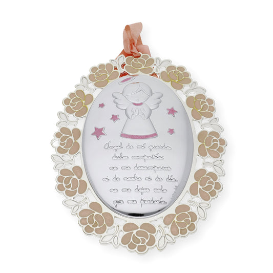 Medalla de Cuna Baño de Plata con esmaltado Rosa Ángel de la Guarda