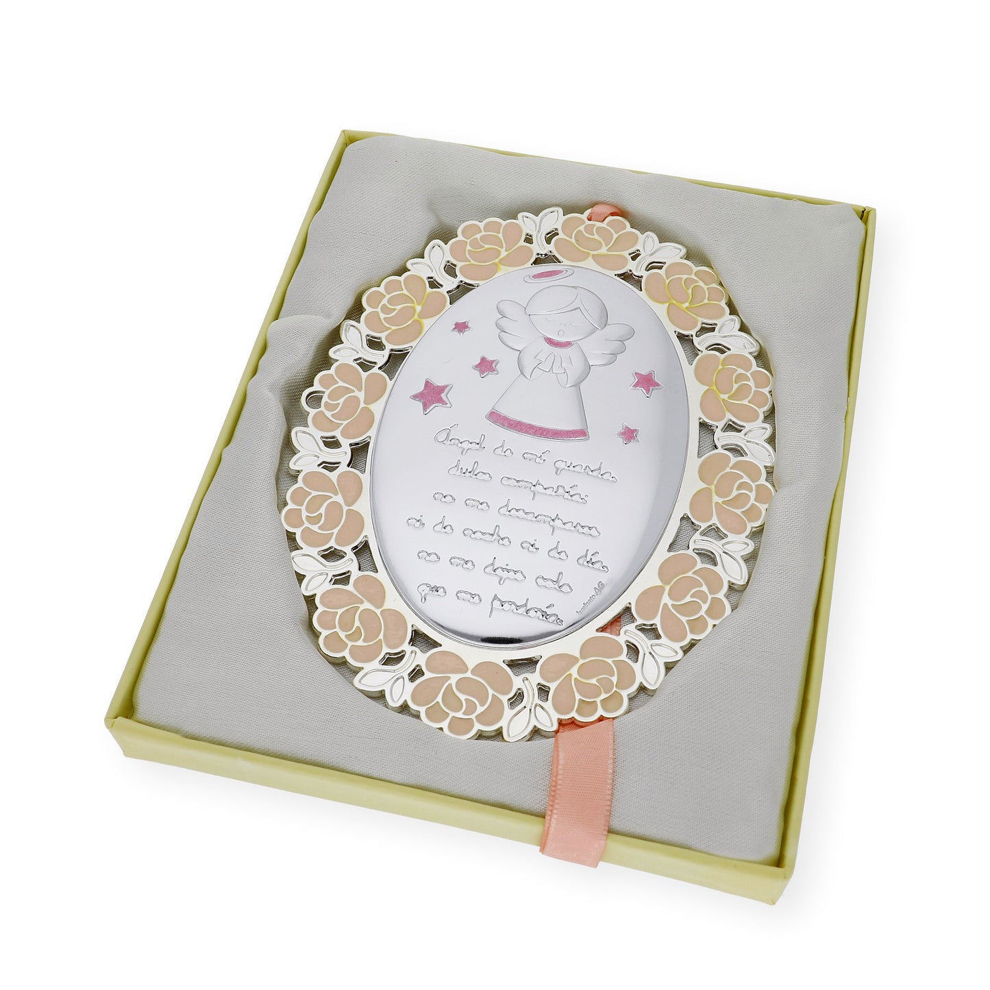 Medalla de Cuna Baño de Plata con esmaltado Rosa Ángel de la Guarda