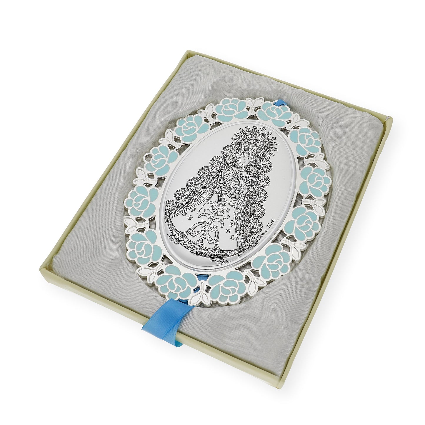 Medalla de Cuna Baño de Plata con esmaltado Azul Virgen
