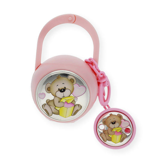 Portachupetes y Pinza de Chupetes en Plata Bilaminada Oso Rosa