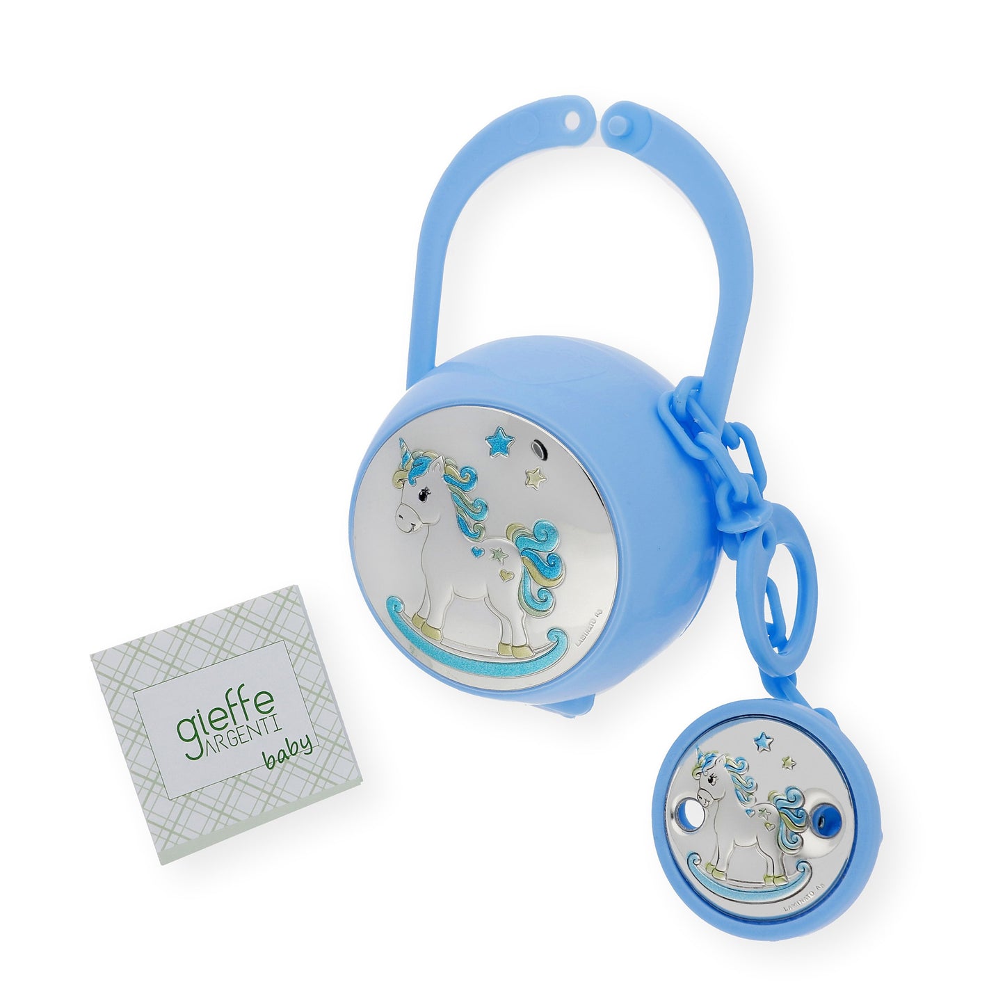 Portachupetes y Pinza de Chupetes en Plata Bilaminada Unicornio Azul