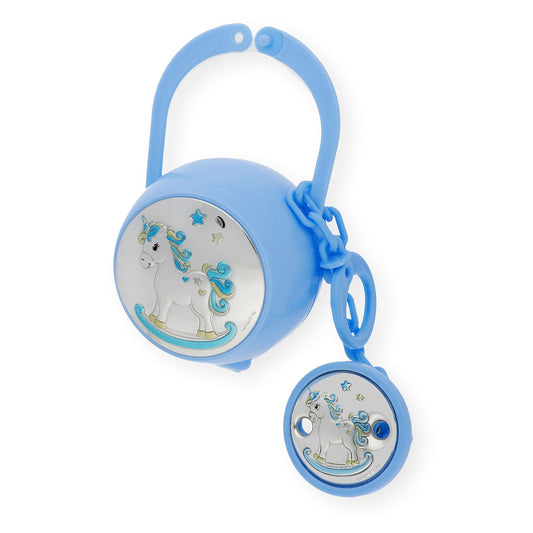 Portachupetes y Pinza de Chupetes en Plata Bilaminada Unicornio Azul