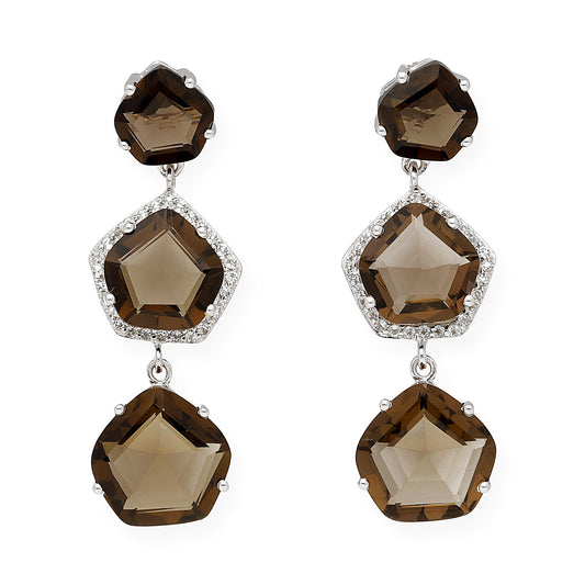 Pendientes Trío en plata de ley 925 con Circonitas y Cuarzo Fumé