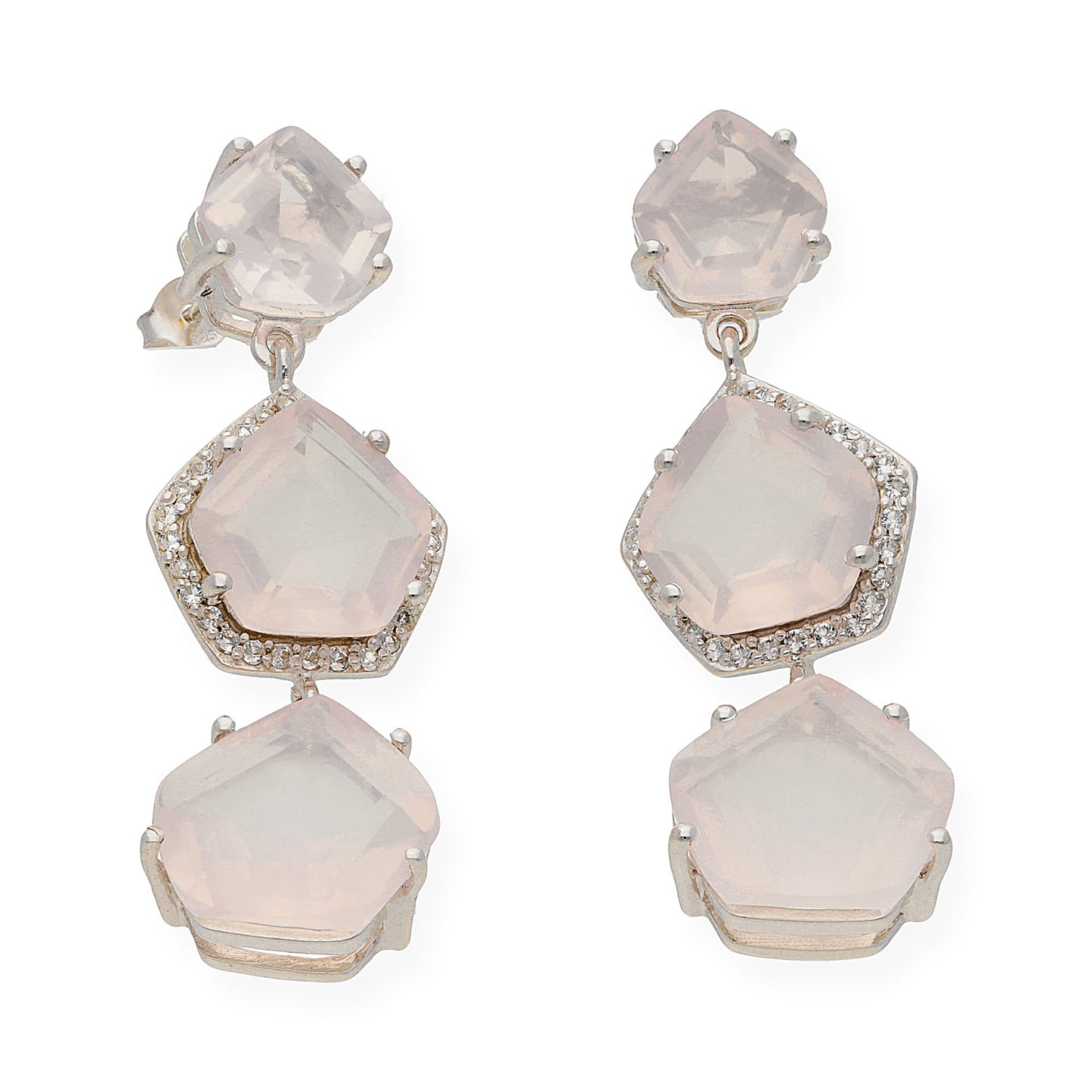 Pendientes Trío en plata de ley 925 con Circonitas y Cuarzos rosas