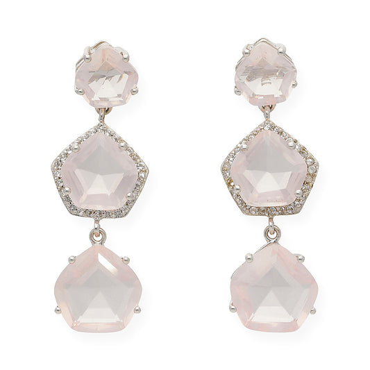 Pendientes Trío en plata de ley 925 con Circonitas y Cuarzos rosas