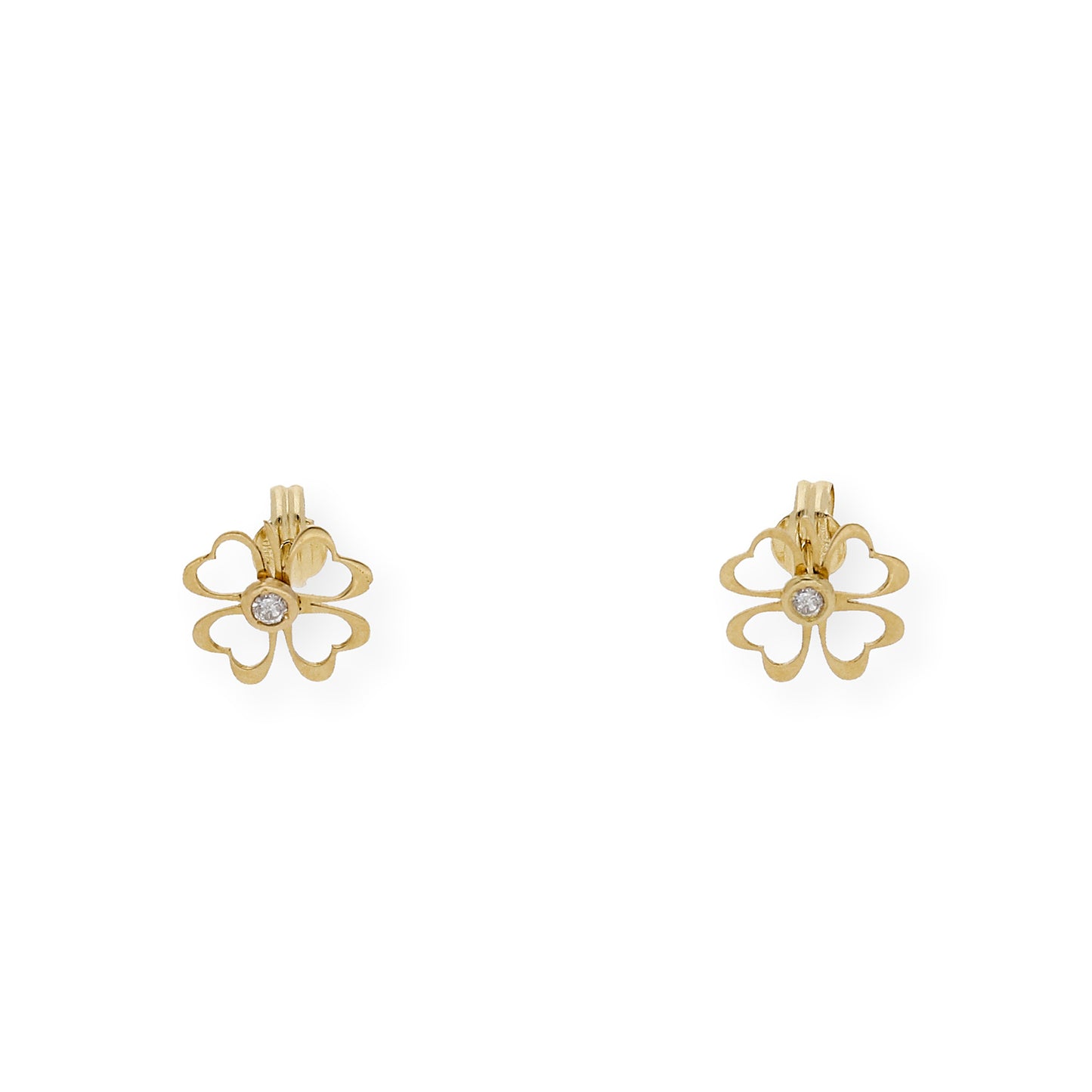 Pendientes Trébol Calado con Diamante central en Oro de Ley 18K