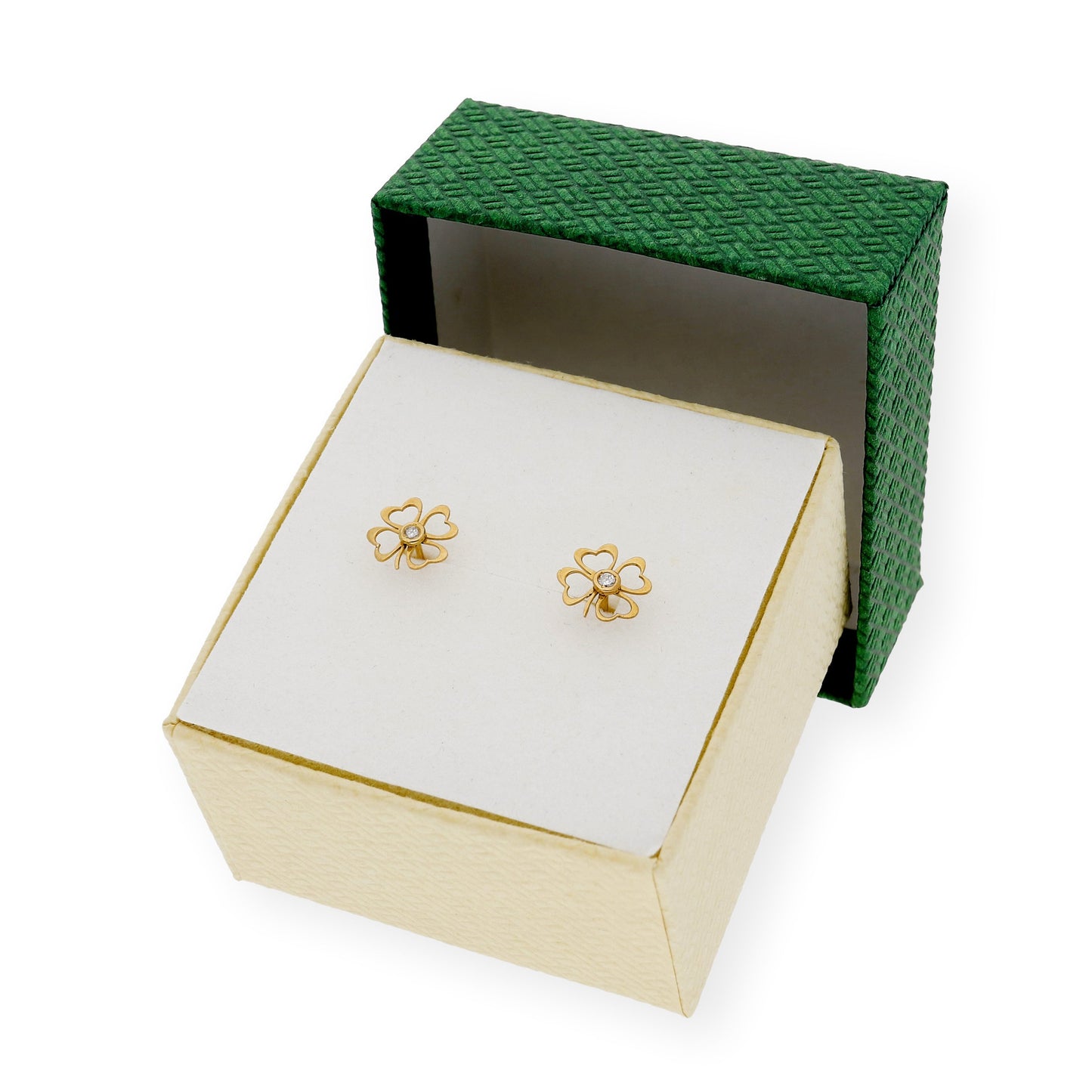 Pendientes Trébol Calado con Diamante central en Oro de Ley 18K