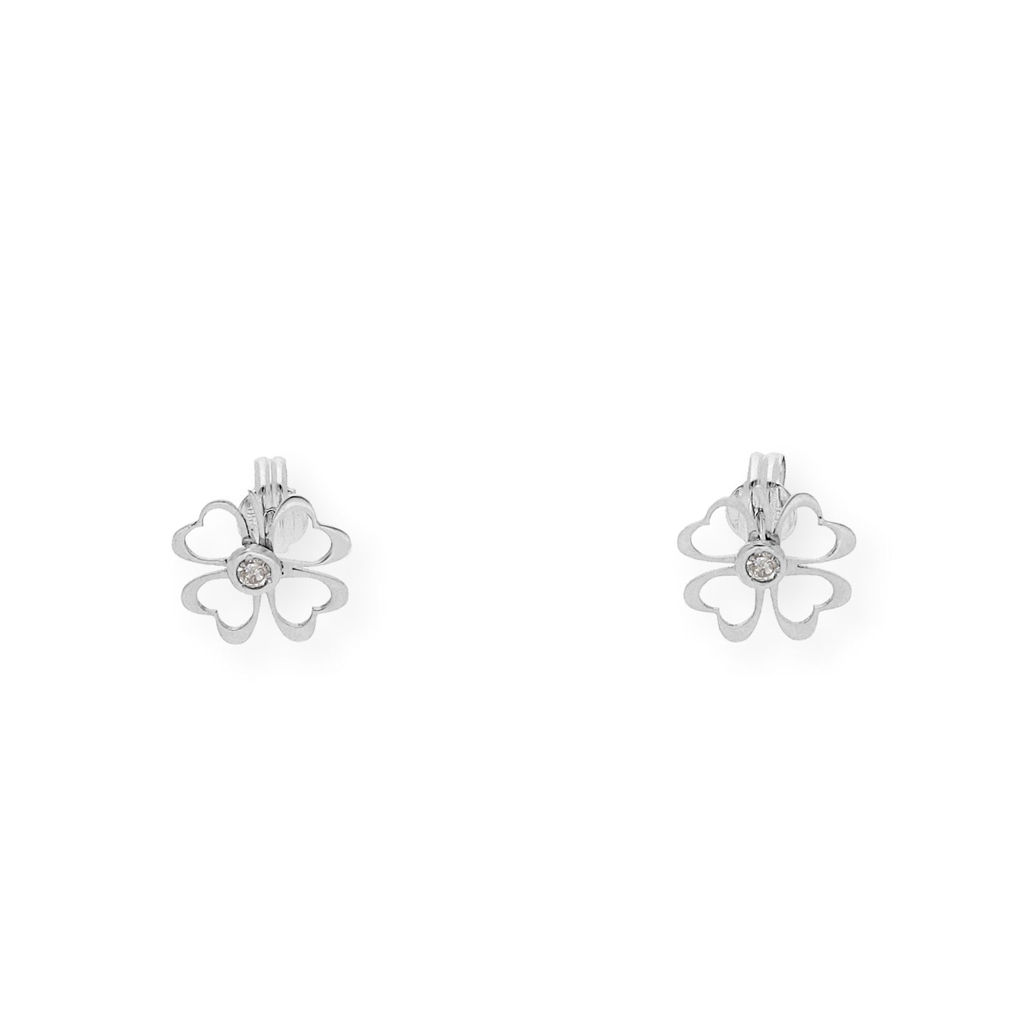 Pendientes Trébol Calado con Diamante central en Oro blanco 18K
