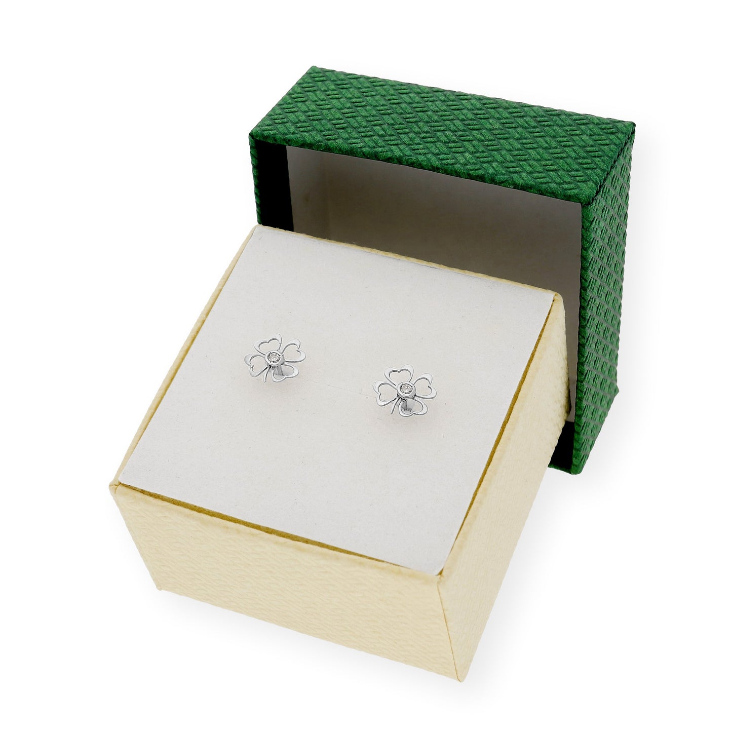 Pendientes Trébol Calado con Diamante central en Oro blanco 18K