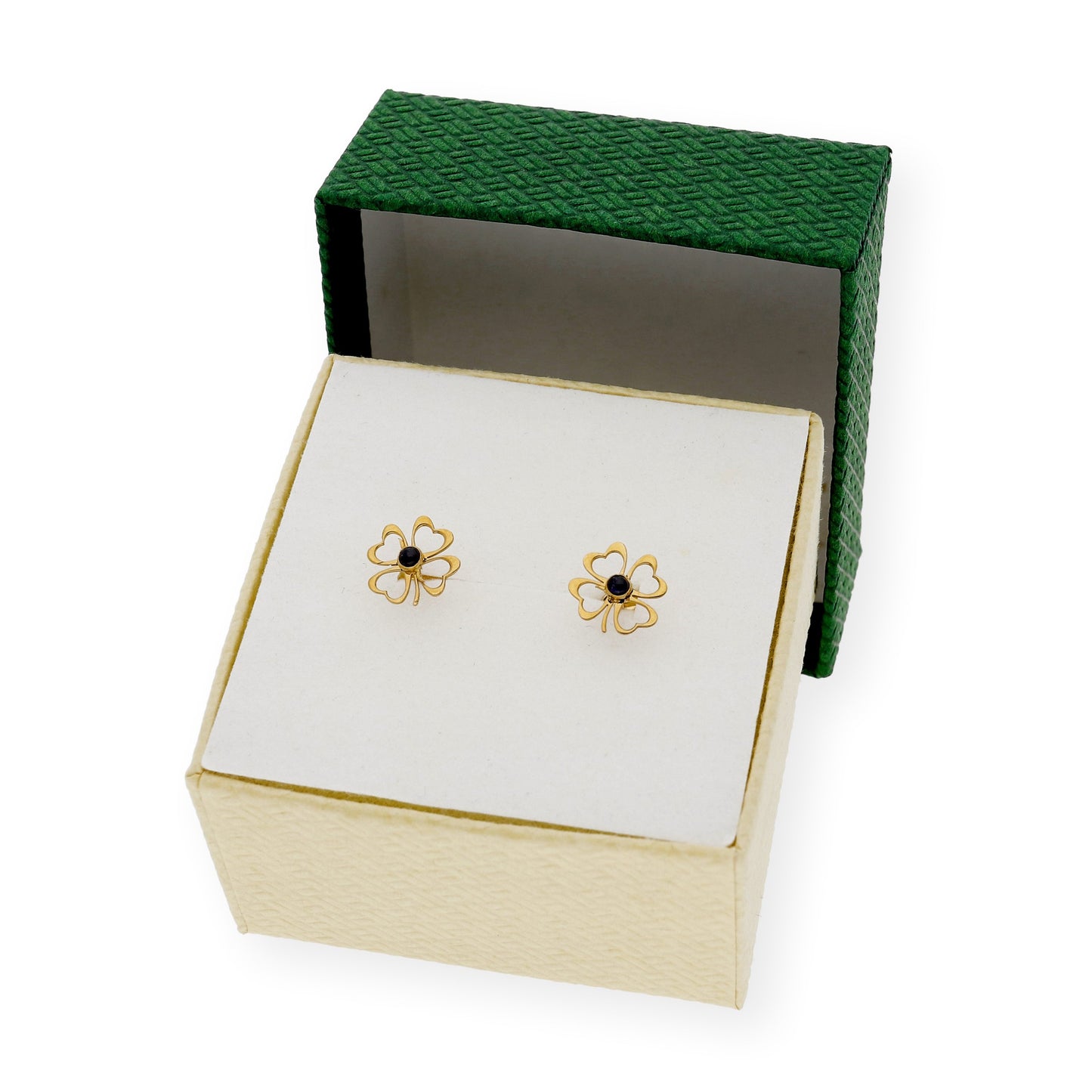 Pendientes Trébol Calado con Zafiros central en Oro de Ley 18K