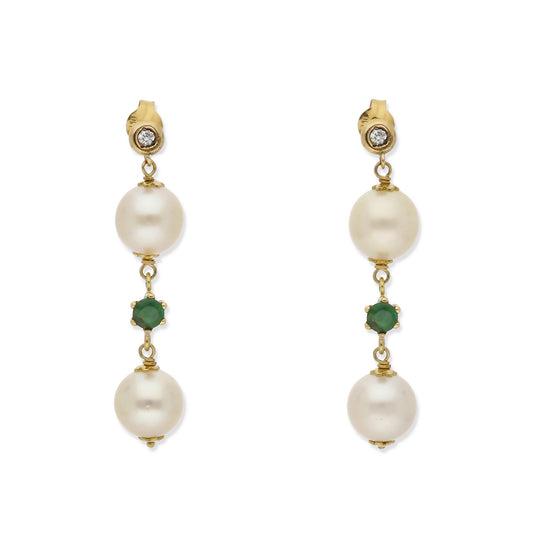 Pendientes Geminus en Oro de 18K con Diamante, Esmeralda central y Perlas Akoya