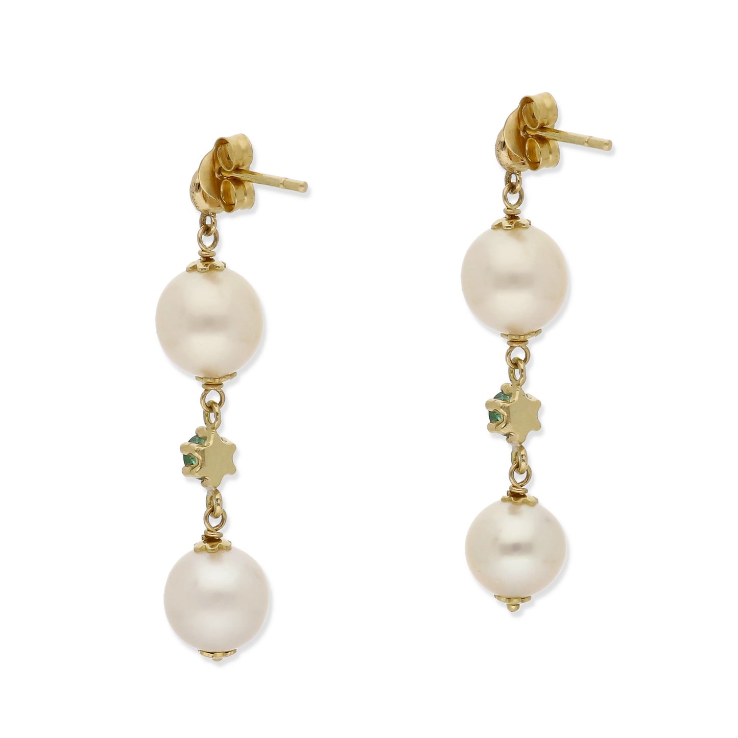 Pendientes Geminus en Oro de 18K con Diamante, Esmeralda central y Perlas Akoya