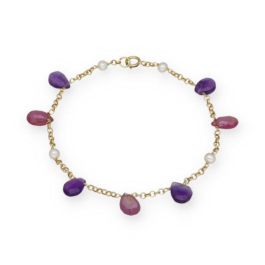 Pulsera Serena en Oro de Ley 18K con Rubíes, Amatistas y Perlas