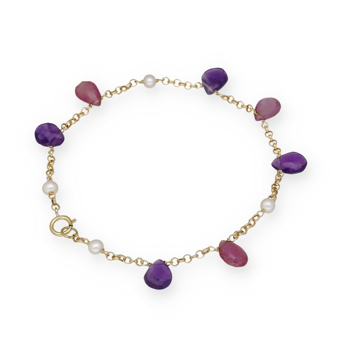 Pulsera Serena en Oro de Ley 18K con Rubíes, Amatistas y Perlas