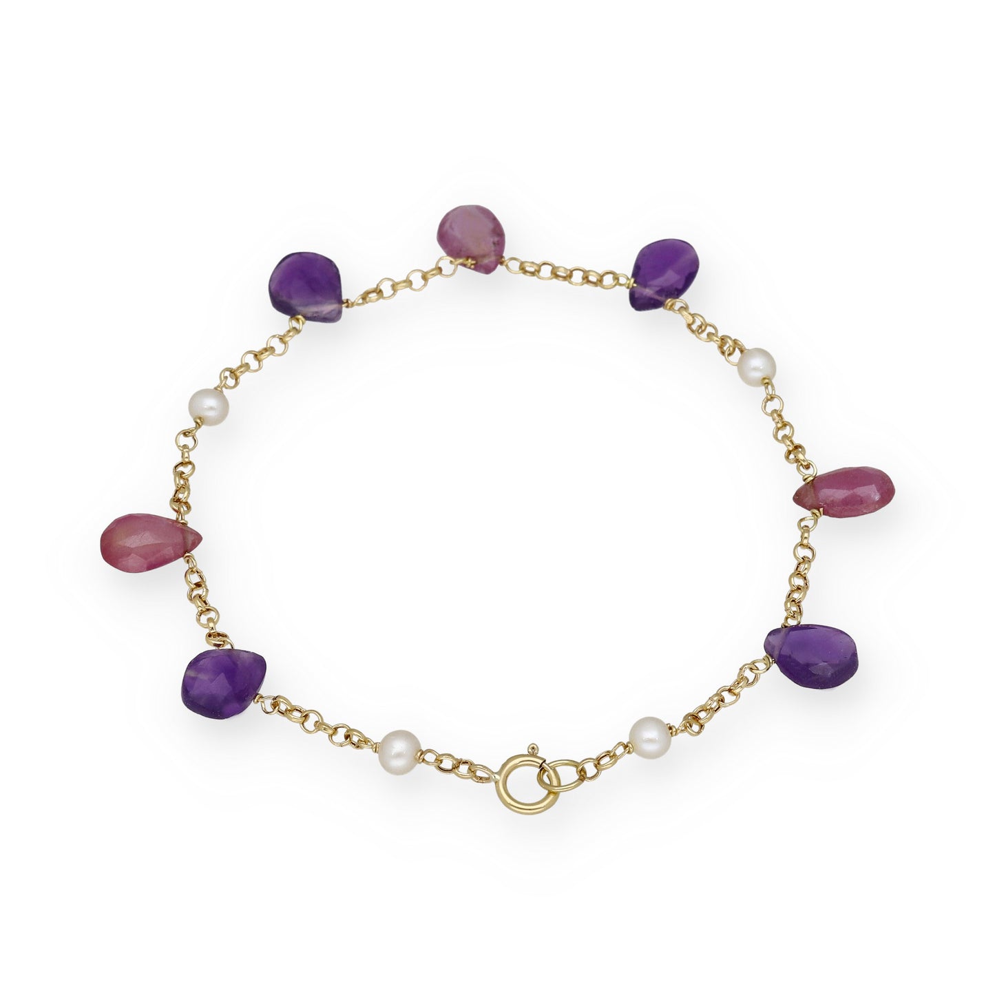 Pulsera Serena en Oro de Ley 18K con Rubíes, Amatistas y Perlas