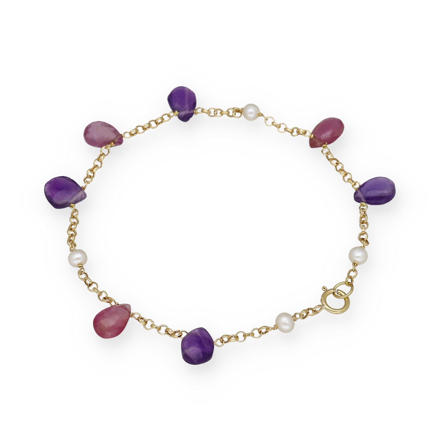 Pulsera Serena en Oro de Ley 18K con Rubíes, Amatistas y Perlas