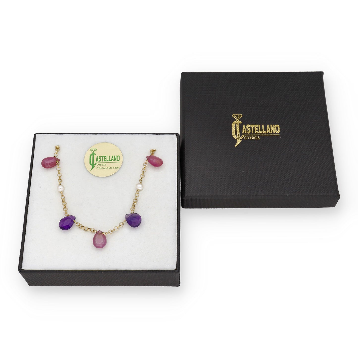 Pulsera Serena en Oro de Ley 18K con Rubíes, Amatistas y Perlas