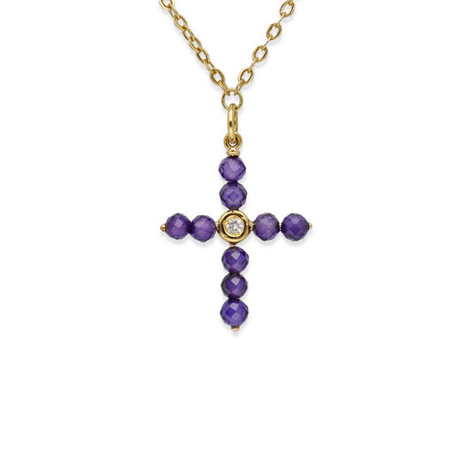 Colgante Cruz en Oro de Ley 18K con Tanzanitas y Diamante Central