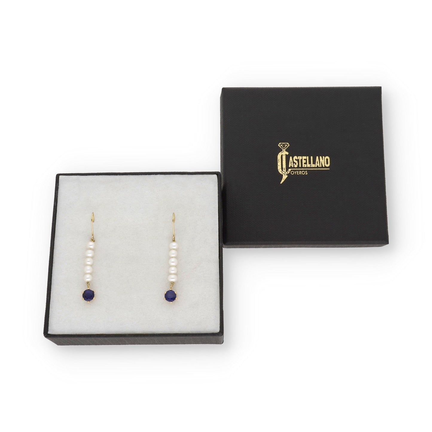 Pendientes Eruca en Oro 18K con Tira de Perlas y Zafiro