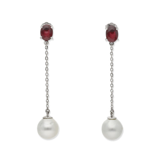Pendientes Livay Oro Blanco 18k Rubíes y Perlas Australianas Naturales