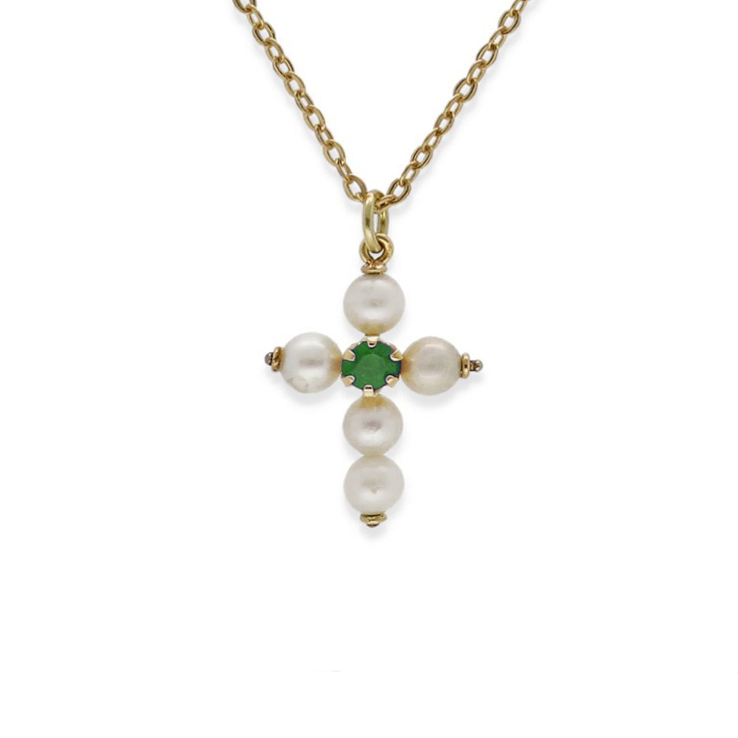 Collar con Colgante "Mi Primera Comunión" en Oro 18k con Perlas y Esmeralda Diseño de Cruz