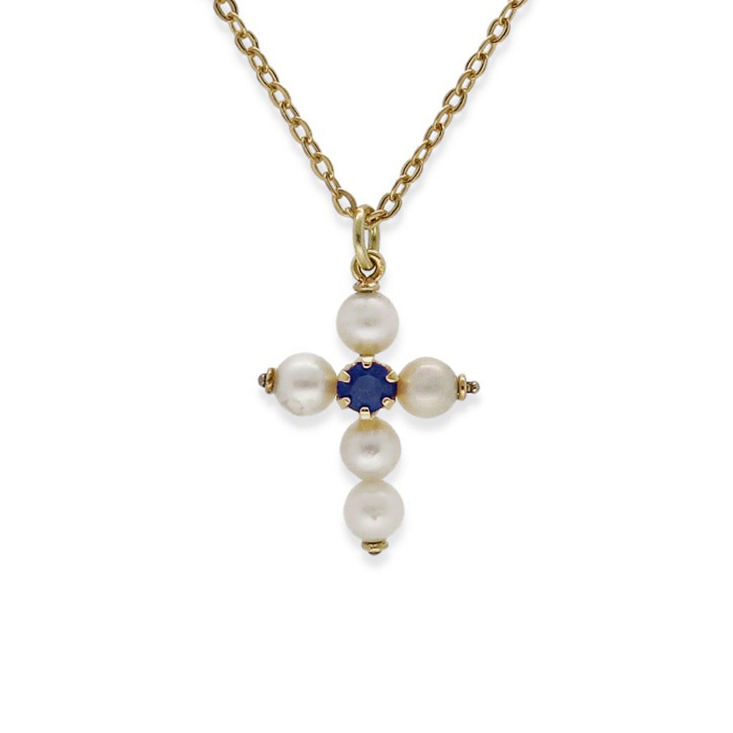 Collar con Colgante "Mi Primera Comunión" en Oro 18k con Perlas y Zafiro Diseño de Cruz