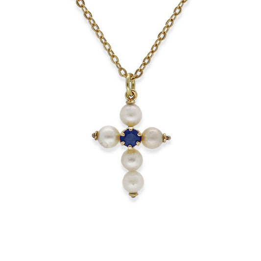 Collar con Colgante "Mi Primera Comunión" en Oro 18k con Perlas y Zafiro Diseño de Cruz