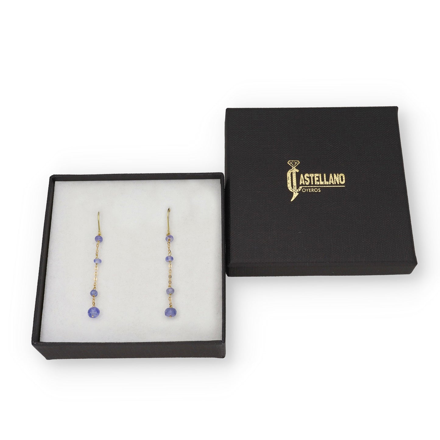 Pendientes Lilla en Oro de Ley 18K con Cadena de Tanzanitas