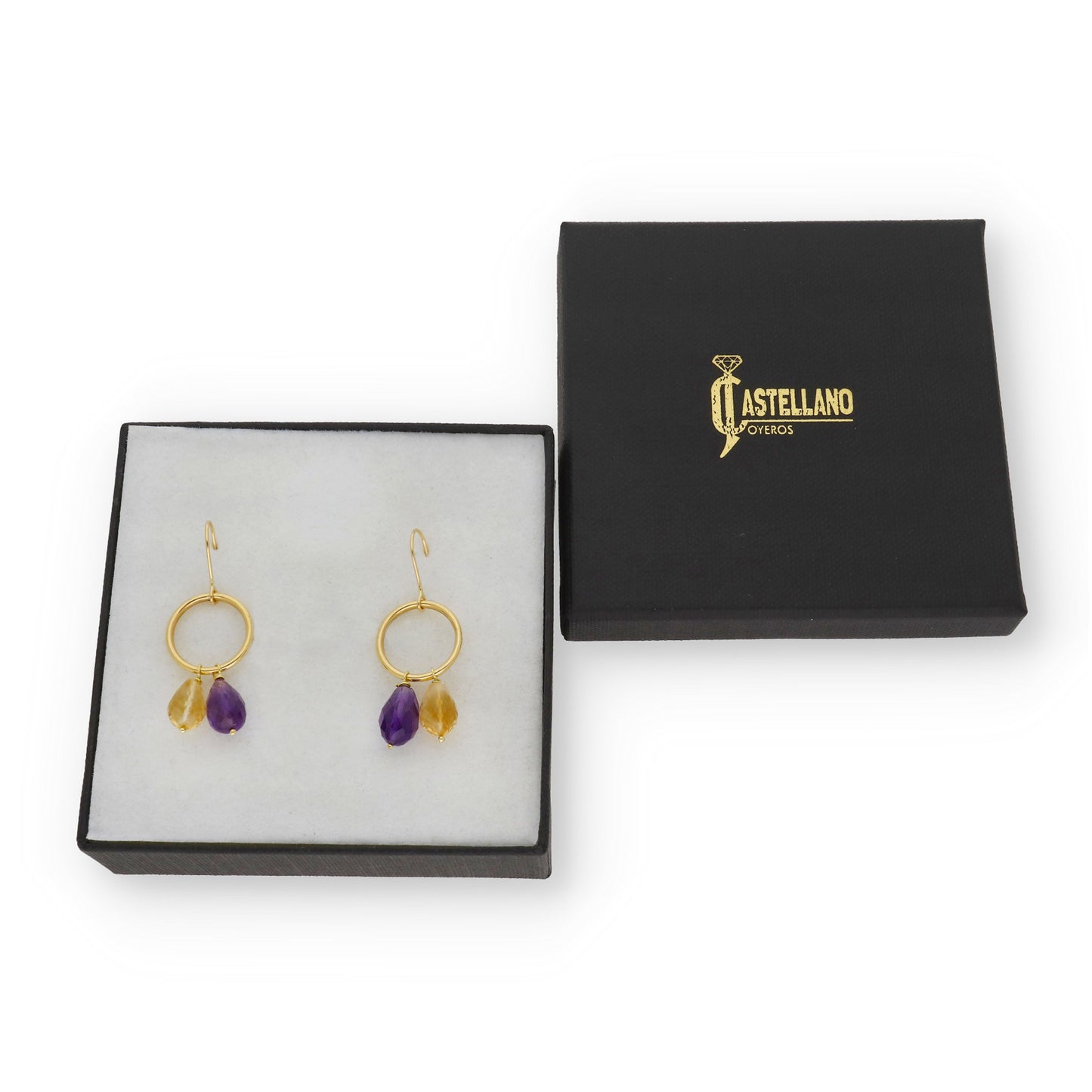 Pendientes de Aro Lacus en Oro de 18K con Cuarzo Citrino y Amatista