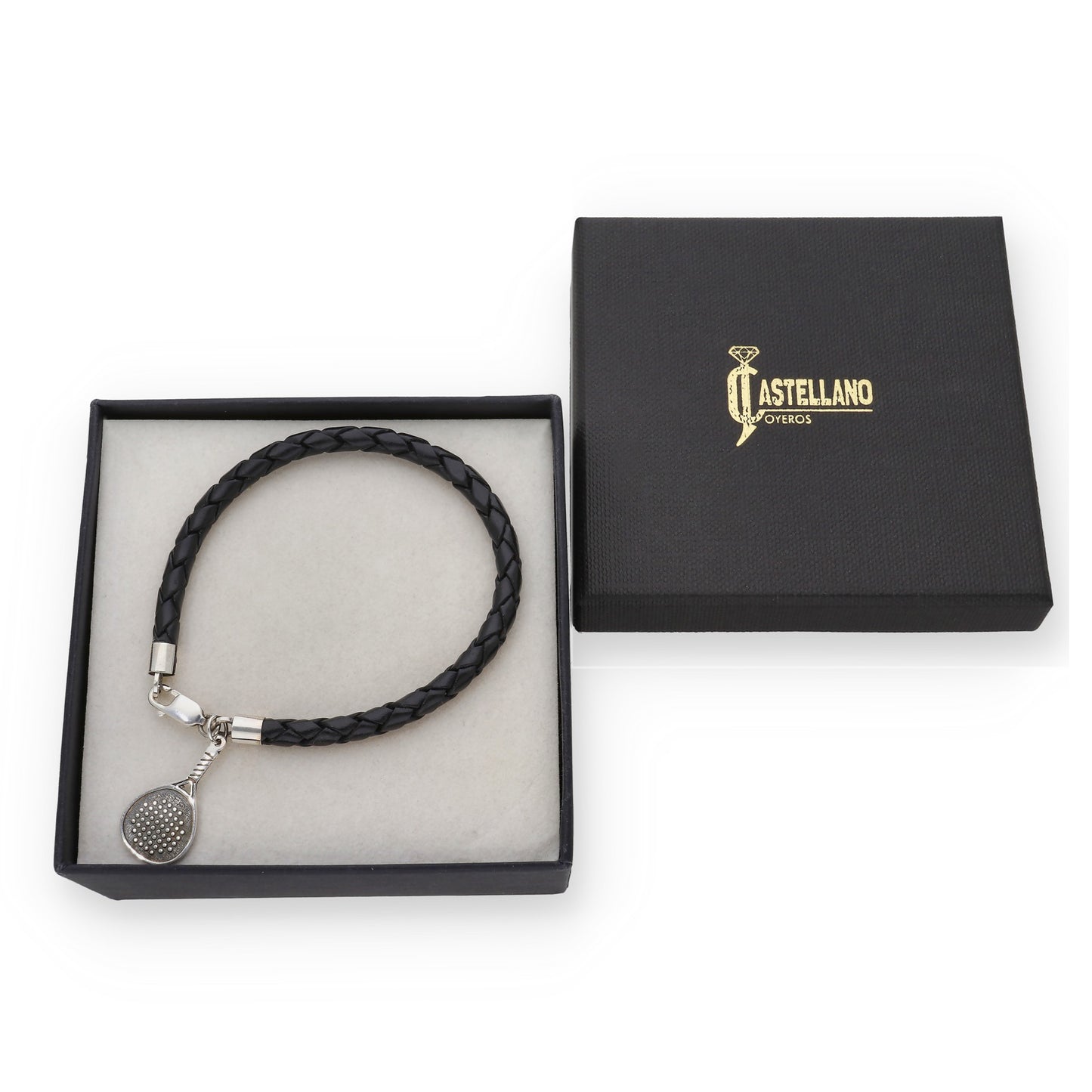 Pulsera de Cuero Trenzado con Pala de Pádel en Plata de Ley 925