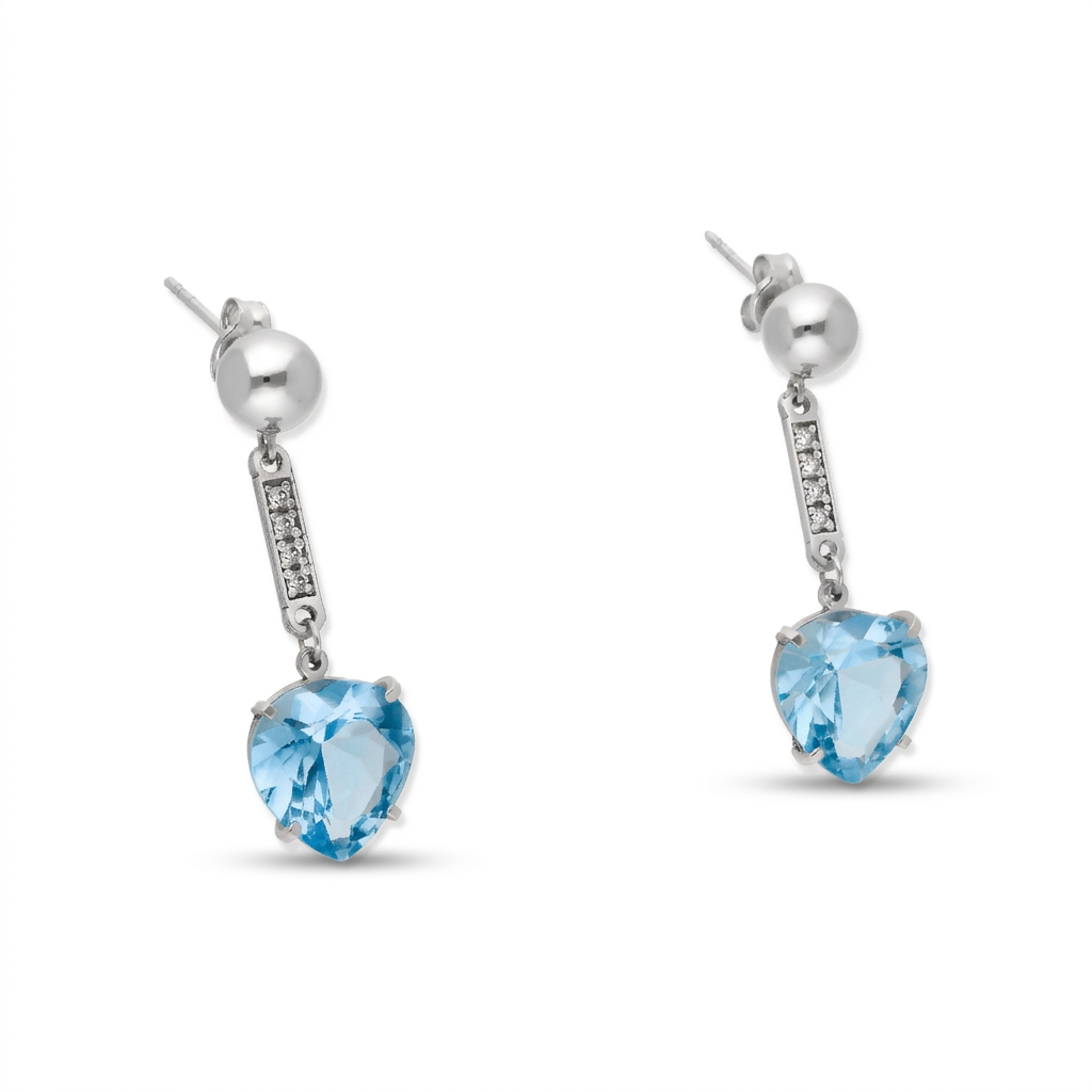 Pendientes Jerte en Oro Blanco 18K con Diamantes y Corazón de Topacio Azul