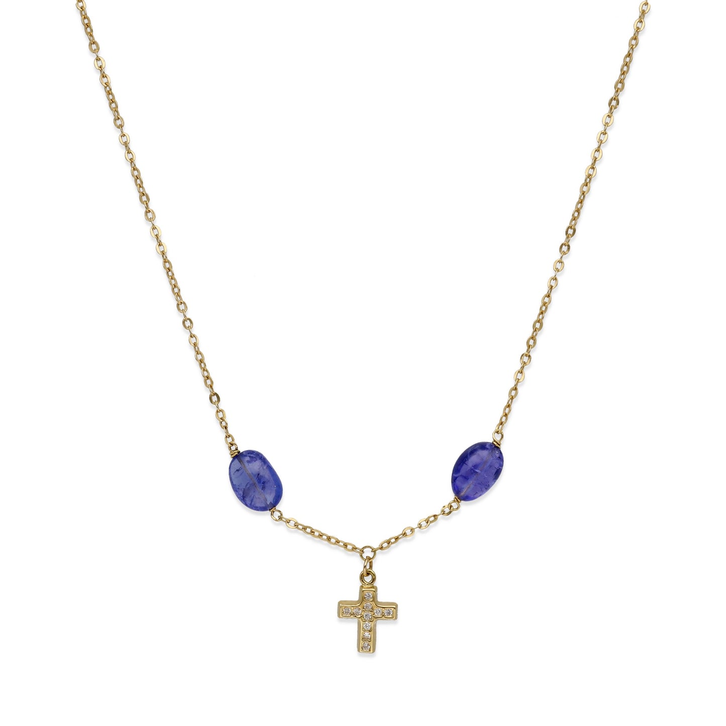 Collar Fe en Oro de Ley 18K con Tanzanitas y Cruz de Diamantes