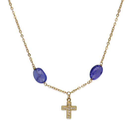 Collar Fe en Oro de Ley 18K con Tanzanitas y Cruz de Diamantes