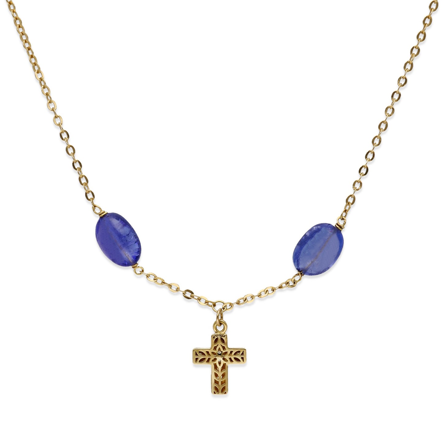 Collar Fe en Oro de Ley 18K con Tanzanitas y Cruz de Diamantes