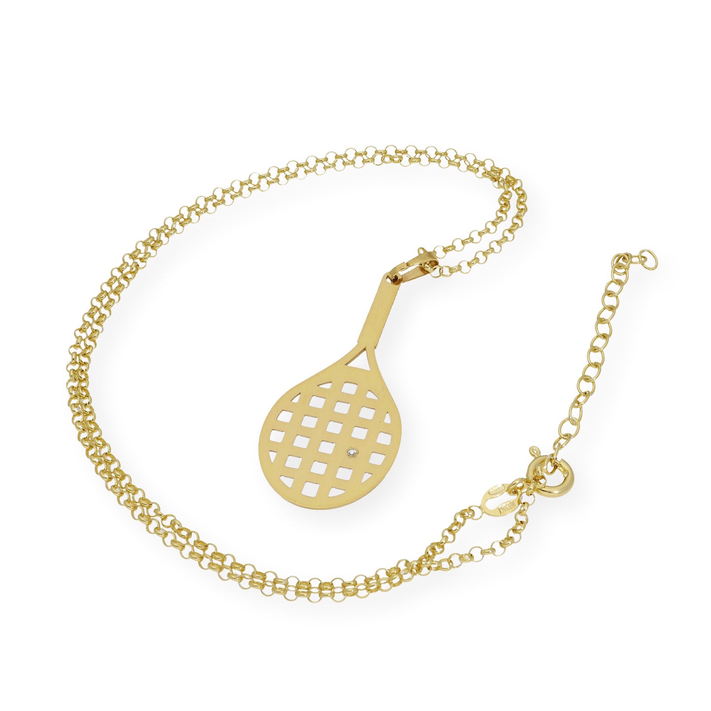 Collar con Colgante Raqueta de Tenis con Circonita en Plata de Ley 925 Bañada en Oro de 18K