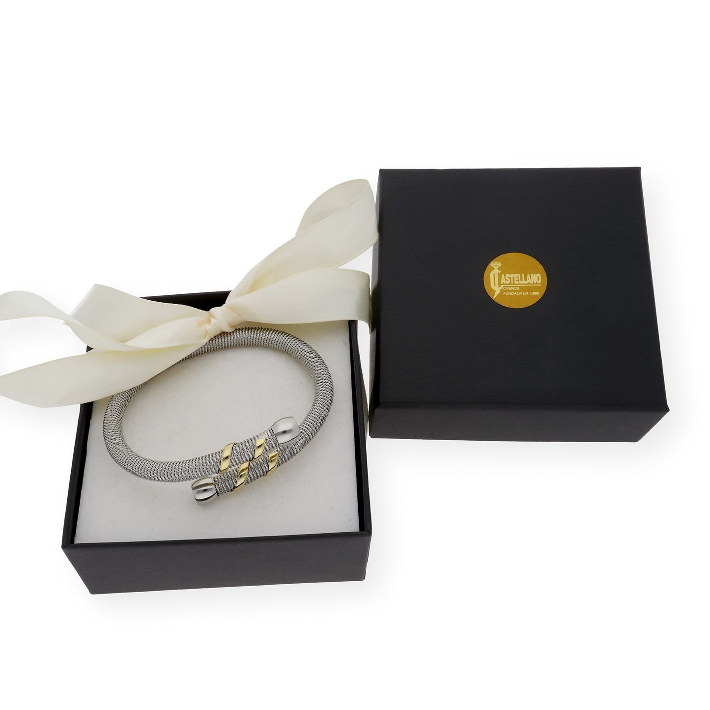 Pulsera Rígida en Acero con Espiral Entrelaza en Oro de ley 18k