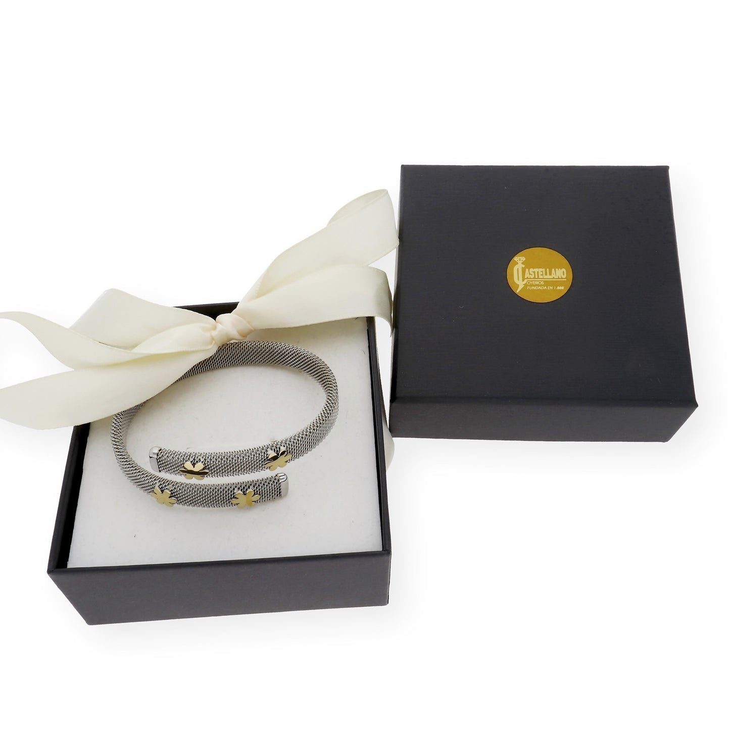 Pulsera Rígida en Acero Entrelazada con Flores en Oro de ley 18k