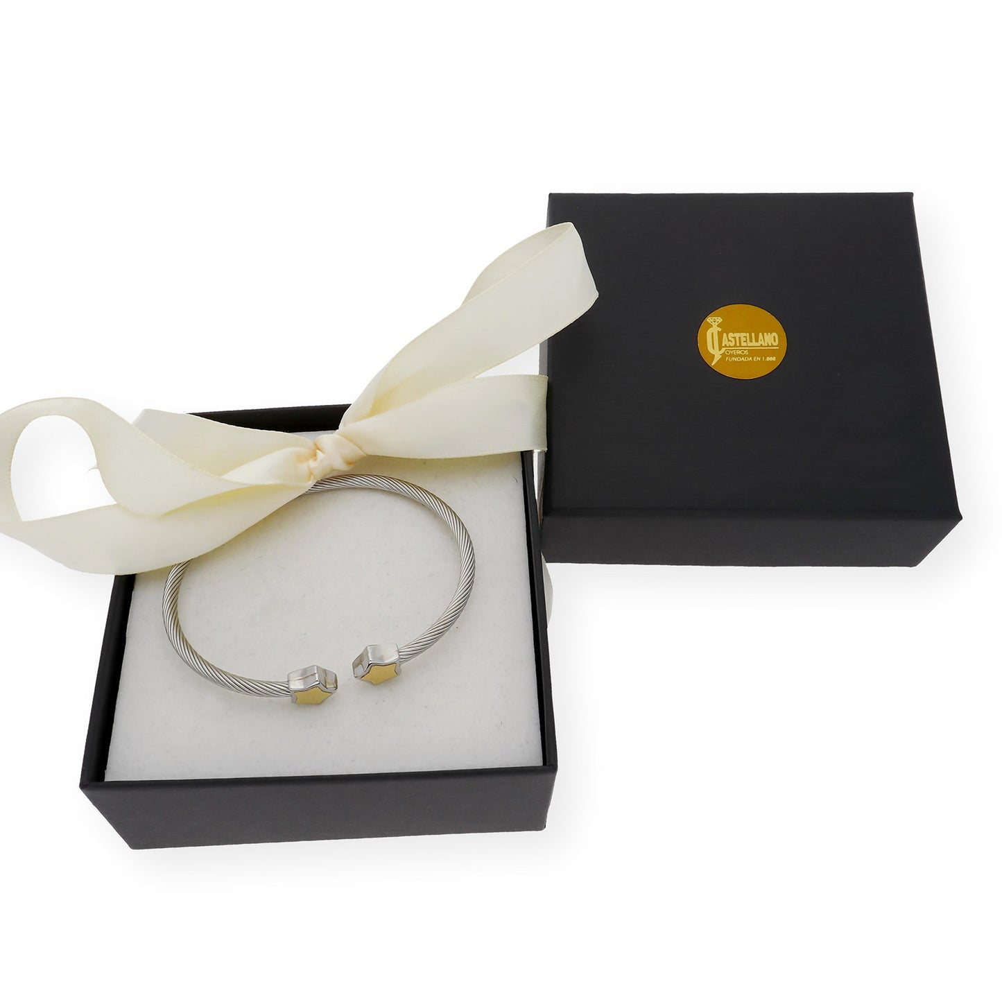 Pulsera Rigida en Acero con dos Estrellas en Oro de ley 18k
