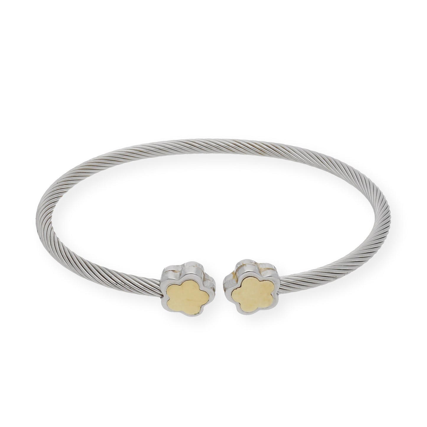 Pulsera Rígida en Acero con dos Flores en Oro de ley 18k